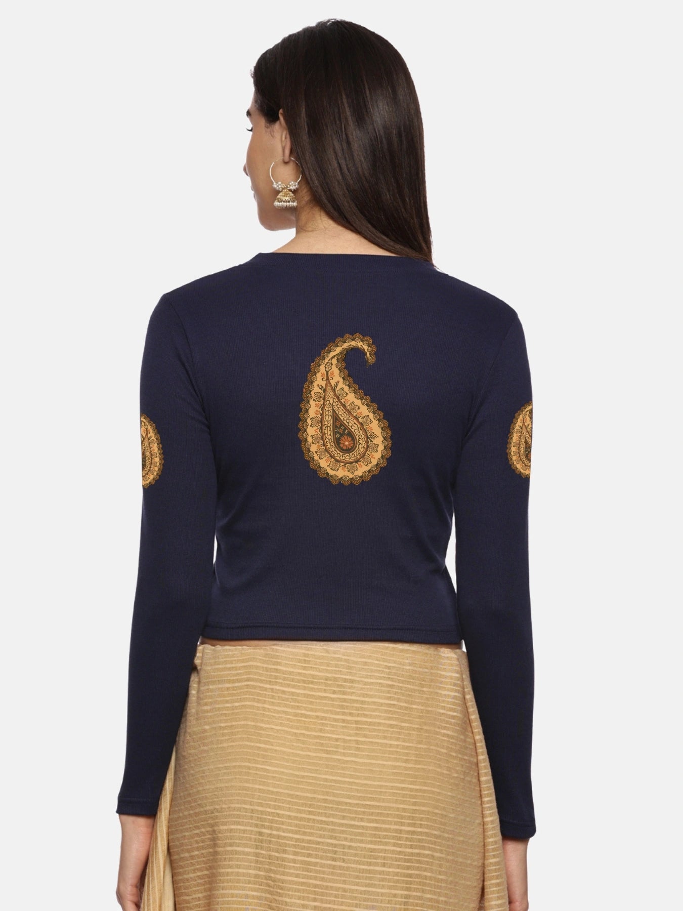 Women Back Printed Stretchable Full Sleeve V Neck RIB Blouse U0186