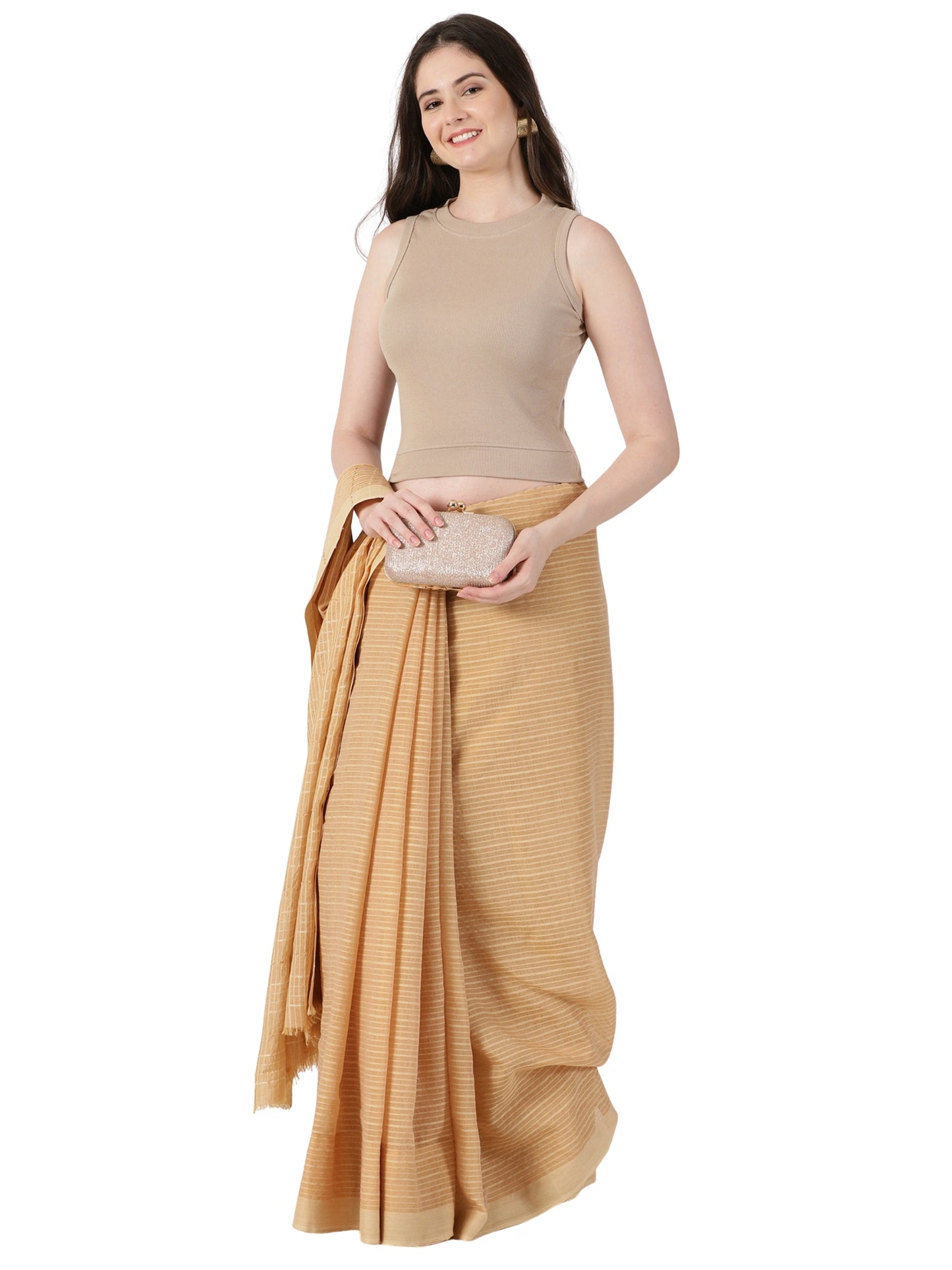 Women Plain Stretchable Sleeveless Close Neck RIB Blouse U0241 Chikoo