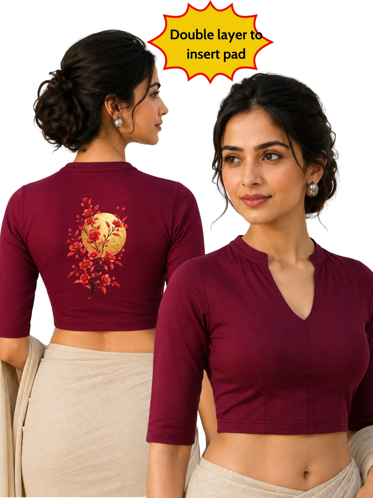 Women Mandarin Collar Back Gold Printed Stretchable Elbow Sleeve Blouse M0278 Maroon
