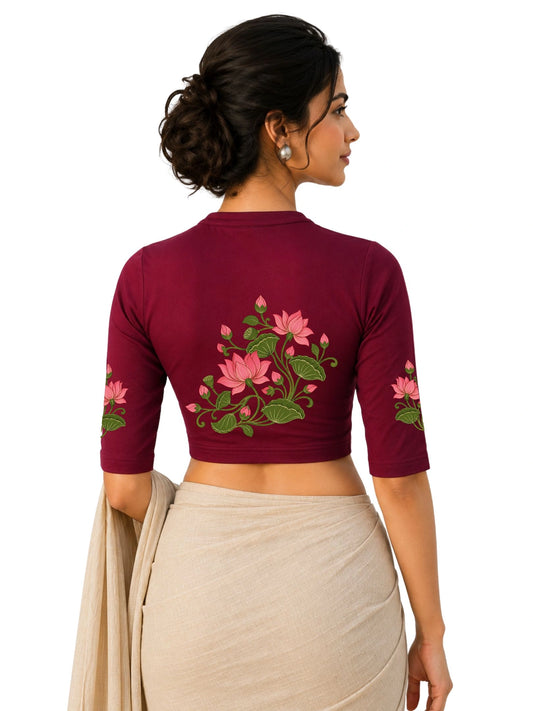 Women Mandarin Collar Back Printed Stretchable Elbow Sleeve Blouse U0273 Maroon