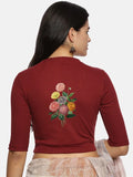 Women Back Printed Stretchable Elbow Sleeve RIB Blouse U0171 Maroon