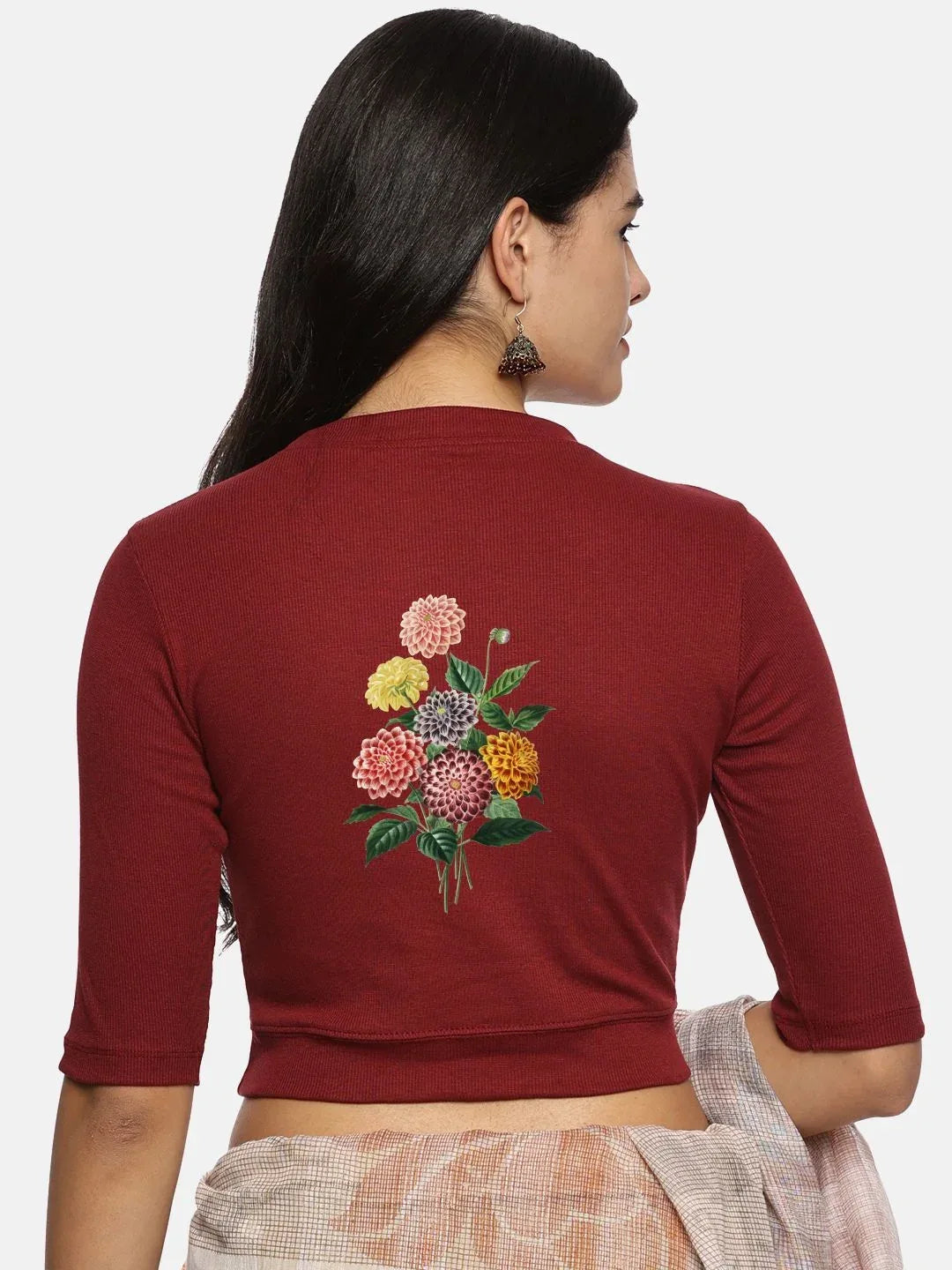 Women Back Printed Stretchable Elbow Sleeve RIB Blouse U0171 - notyetbyus