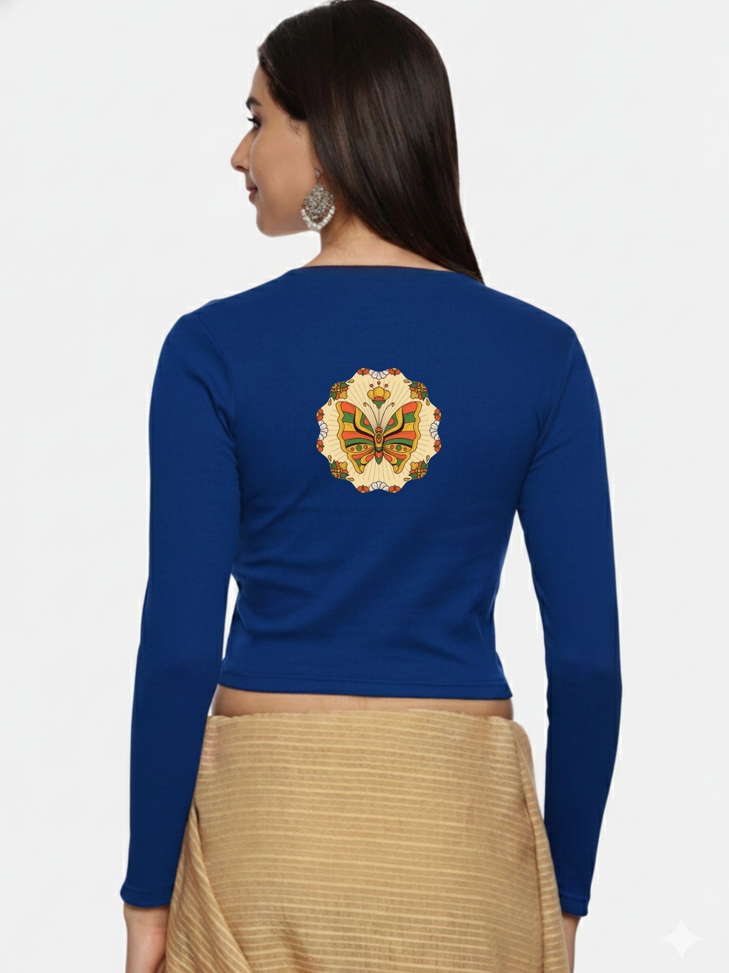 Women Back Printed Stretchable Full Sleeve V Neck RIB Blouse U0184