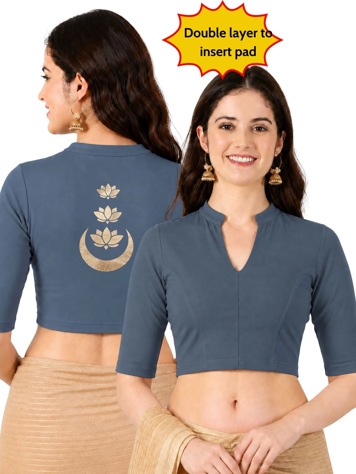 Women Mandarin Collar Back Gold Printed Stretchable Elbow Sleeve Blouse M0283 Elephant Grey