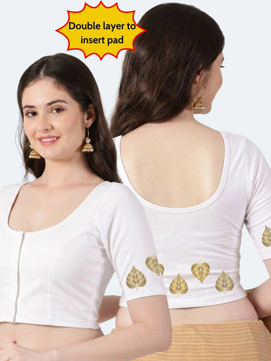 Women Front Open Back Gold Printed Stretchable Half Sleeve Blouse M0276 White