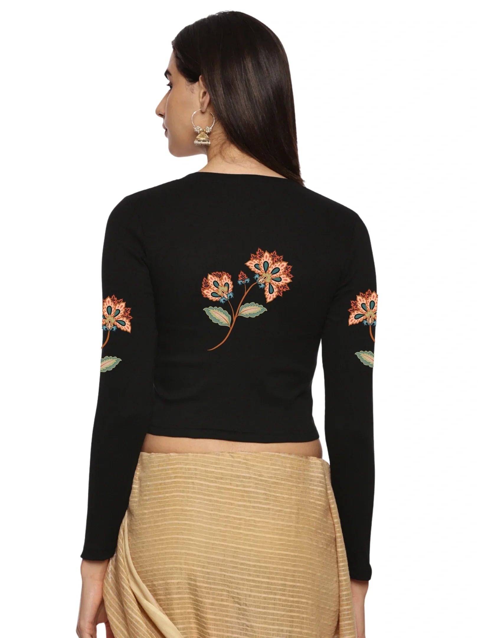 Women Back Printed Stretchable Full Sleeve V Neck RIB Blouse U0211 - notyetbyus