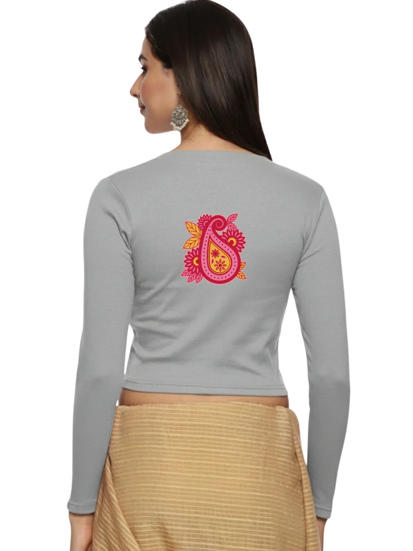 Women Back Printed Stretchable Full Sleeve V Neck RIB Blouse U0218 - notyetbyus