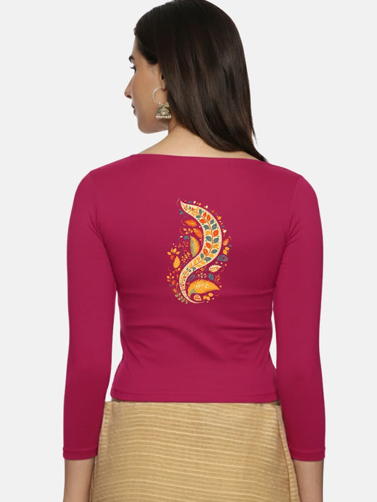 Women Three Fourth Sleeve Back Print Stretchable Blouse U0102 - notyetbyus