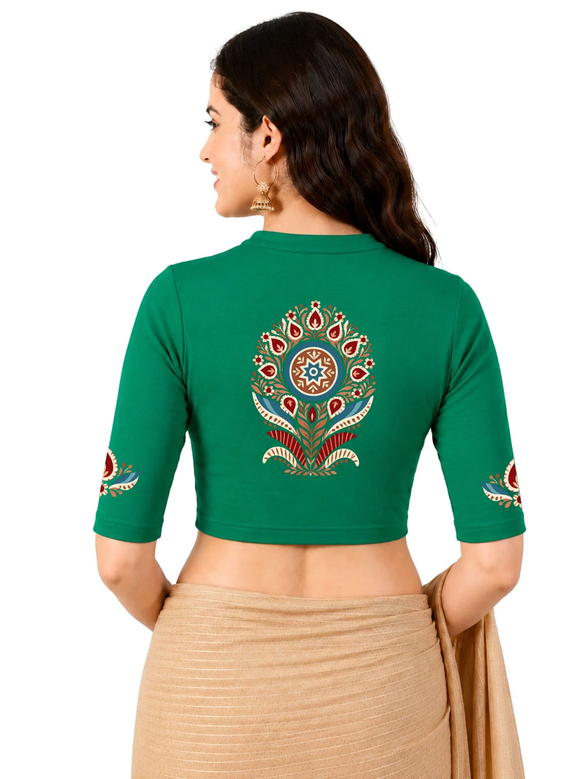 Women Mandarin Collar Back Printed Stretchable Elbow Sleeve Blouse U0280 Emerald Green