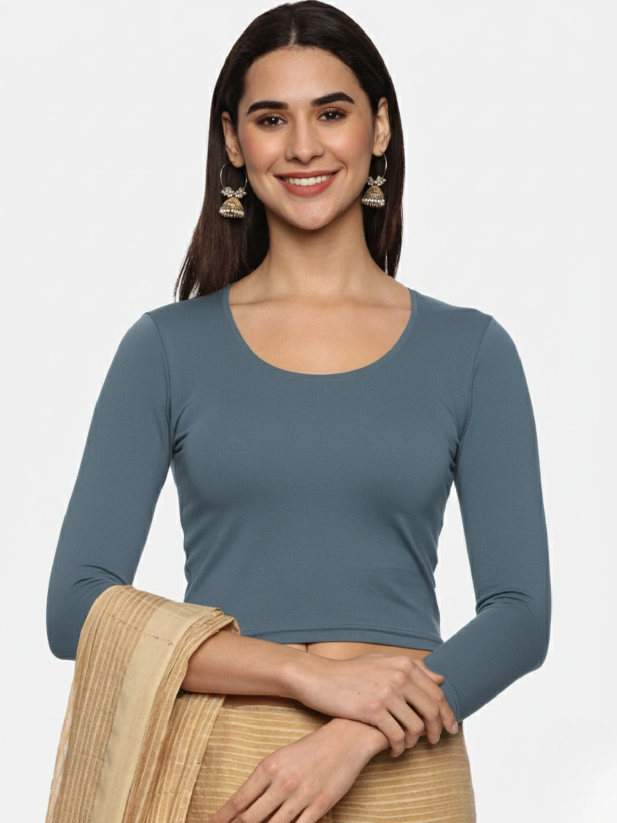 Women Three Fourth Sleeve Back Print Stretchable Blouse U0123 Elephant Grey