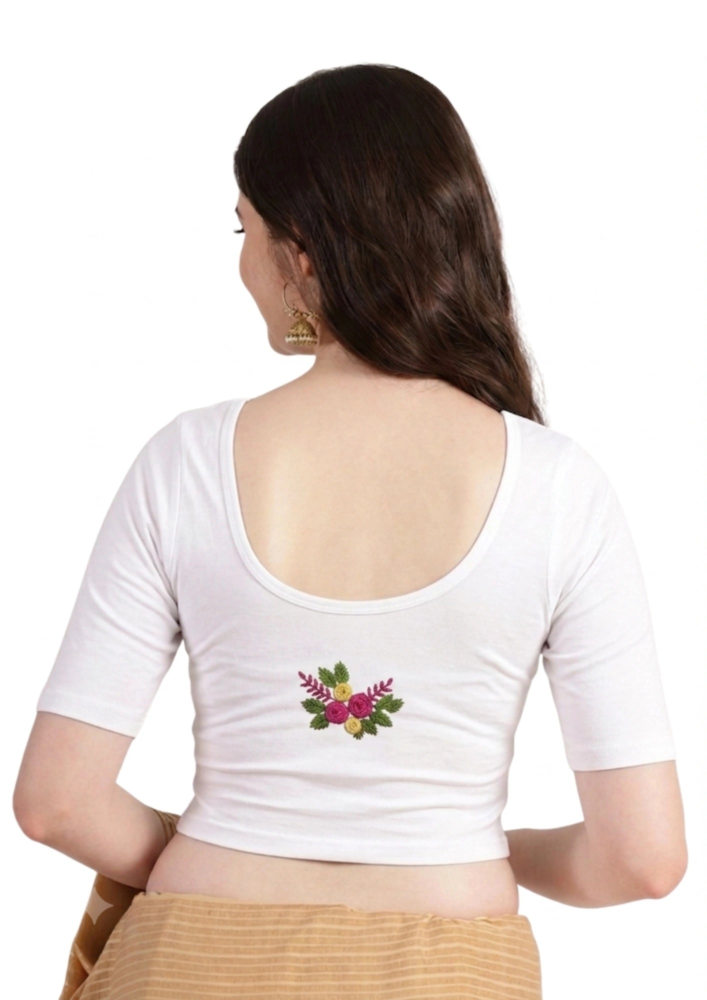 DIY Embroidery Kit with Women Front Open Stretchable Half Sleeve Blouse E01 – White
