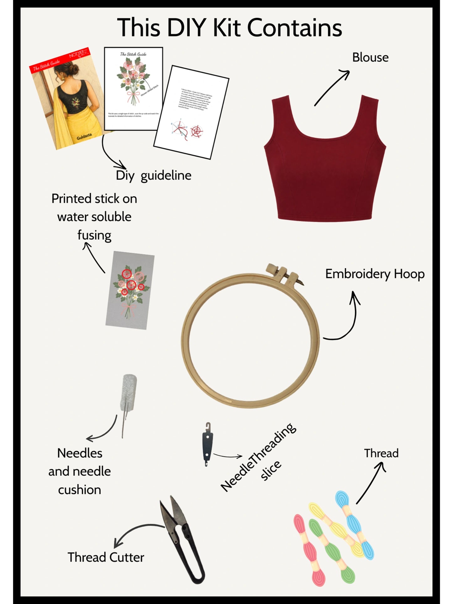DIY Embroidery Kit with Women Front Open Stretchable Half Sleeve Blouse E010 – Maroon