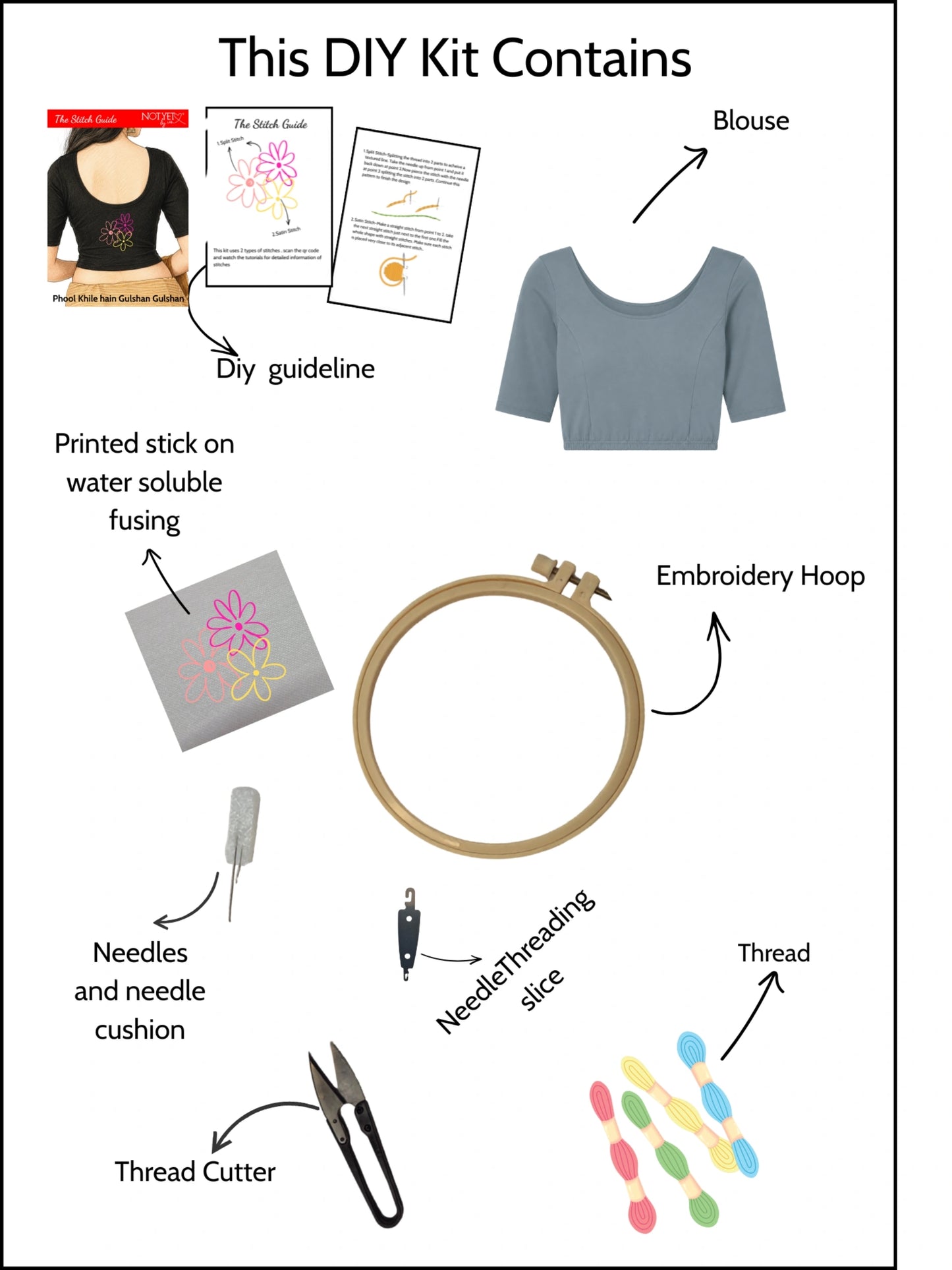 DIY Embroidery Kit with Women Front Open Stretchable Half Sleeve Blouse E06 – White