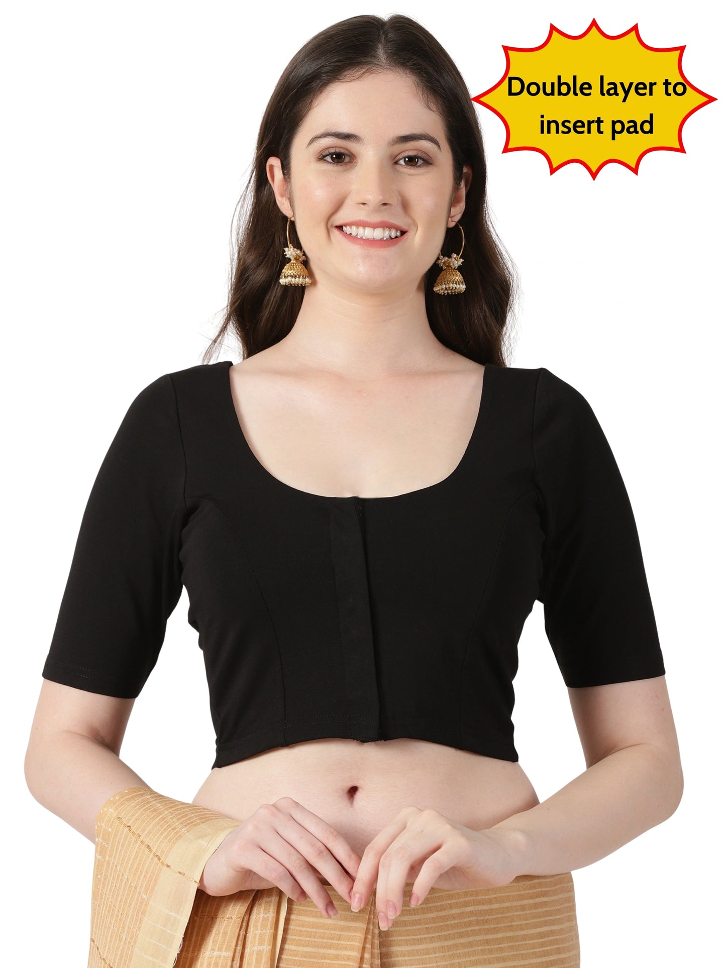 Women Front Open Plain Stretchable Half Sleeve Blouse U0261 Black