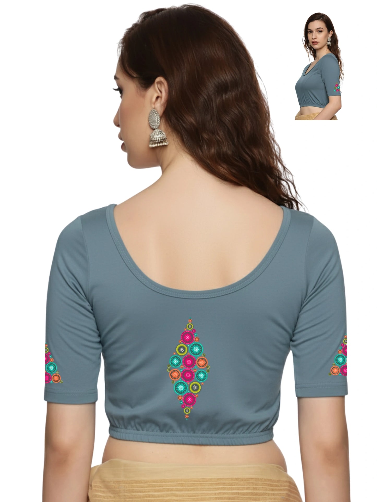 Women Back Printed Stretchable Half Sleeve Blouse U0173 Elephant Grey