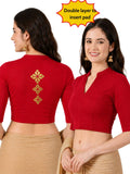 Women Mandarin Collar Back Gold Printed Stretchable Elbow Sleeve Blouse M0275 Red