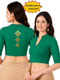 Women Mandarin Collar Back Printed Stretchable Elbow Sleeve Blouse M0275 Emerald Green