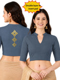 Women Mandarin Collar Back Printed Stretchable Elbow Sleeve Blouse M0275 Elephant Grey