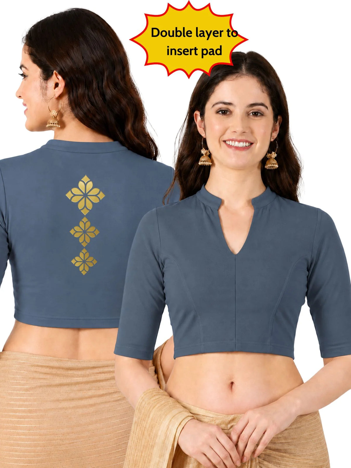 Women Mandarin Collar Back Printed Stretchable Elbow Sleeve Blouse M0275 Elephant Grey
