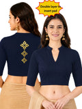 Women Mandarin Collar Back Printed Stretchable Elbow Sleeve Blouse M0275 Navy