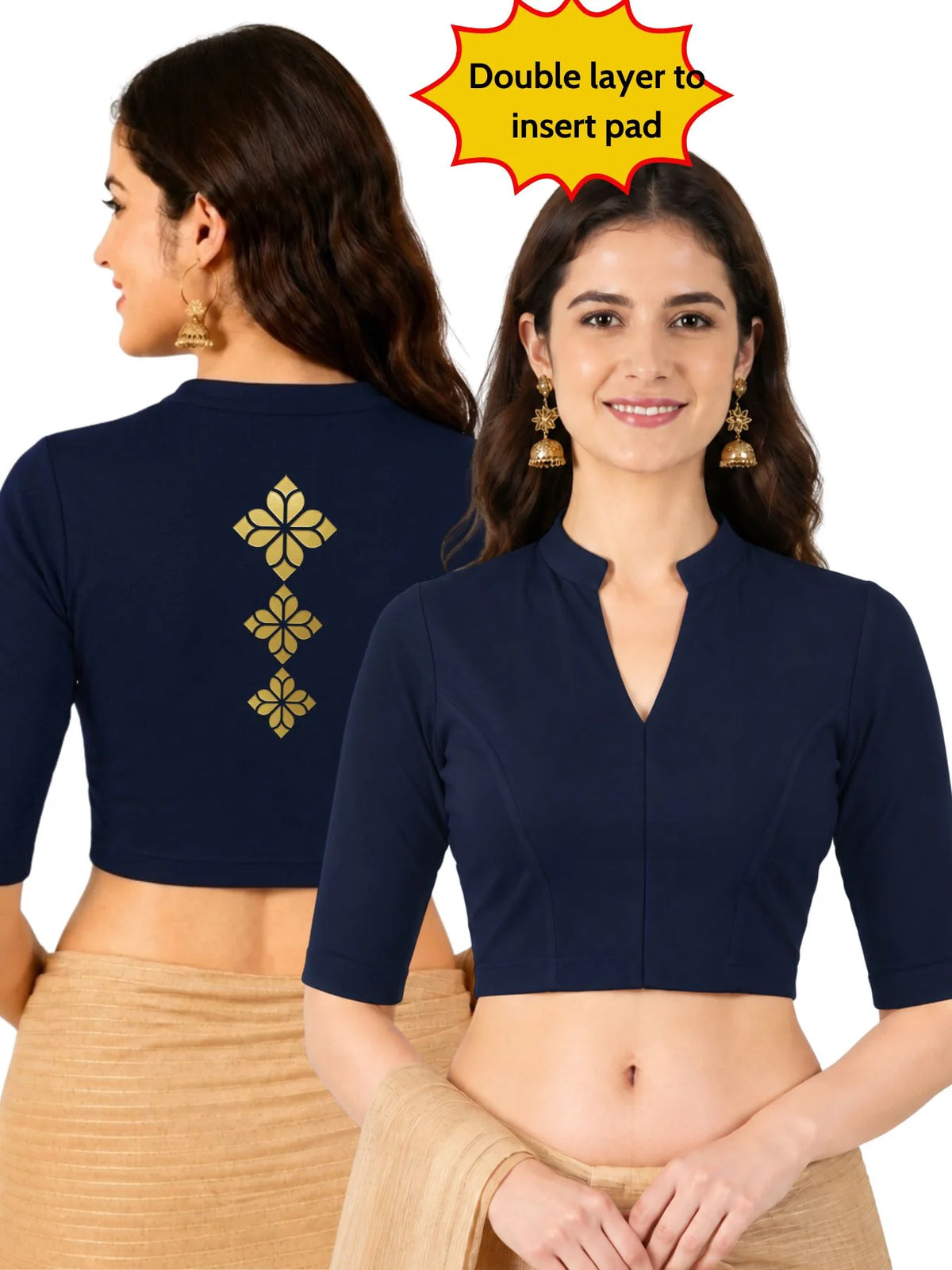Women Mandarin Collar Back Printed Stretchable Elbow Sleeve Blouse M0275 Navy