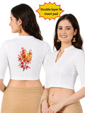 Women Mandarin Collar Back Gold Printed Stretchable Elbow Sleeve Blouse M0278 White