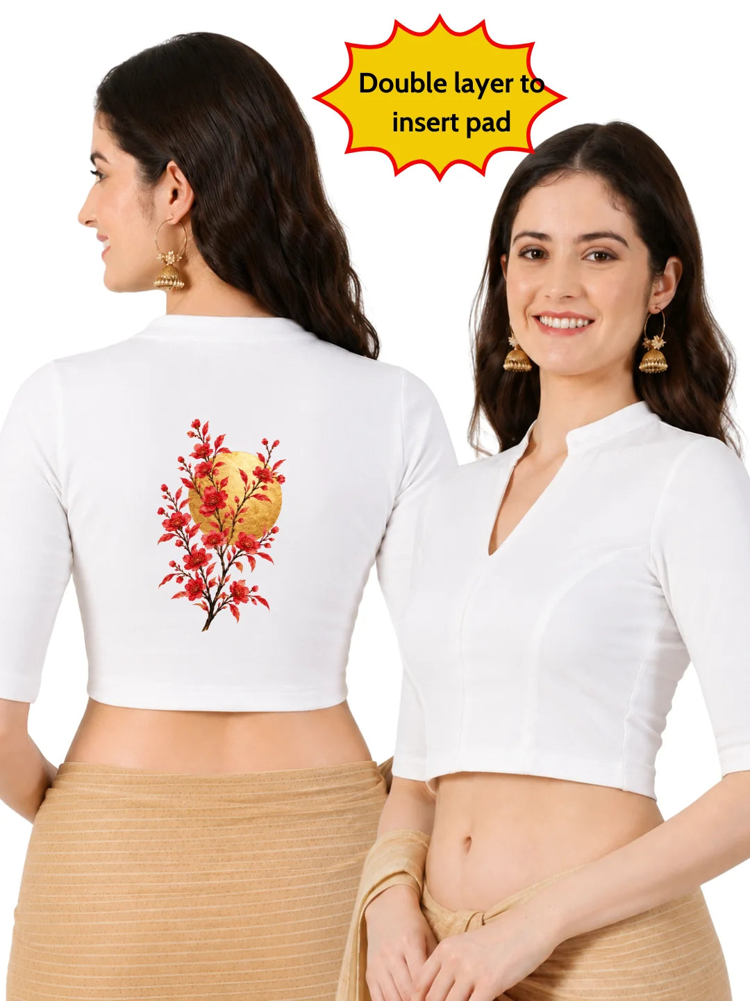 Women Mandarin Collar Back Gold Printed Stretchable Elbow Sleeve Blouse M0278 White