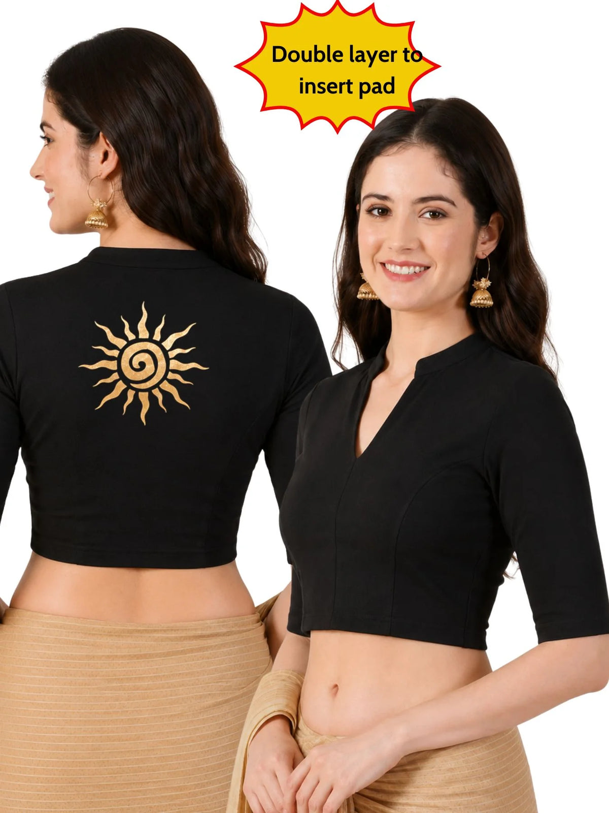 Women Mandarin Collar Back Gold Printed Stretchable Elbow Sleeve Blouse M0282 Black
