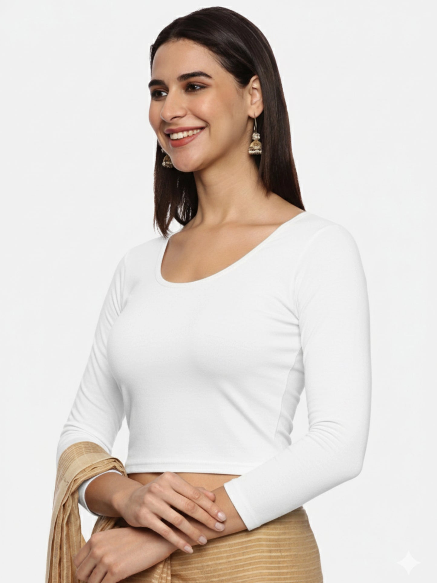 Women Three Fourth Sleeve Plain Stretchable Blouse U0101 White