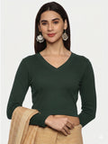 Women Plain Stretchable Full Sleeve V Neck RIB Blouse U0191 Khaki Green