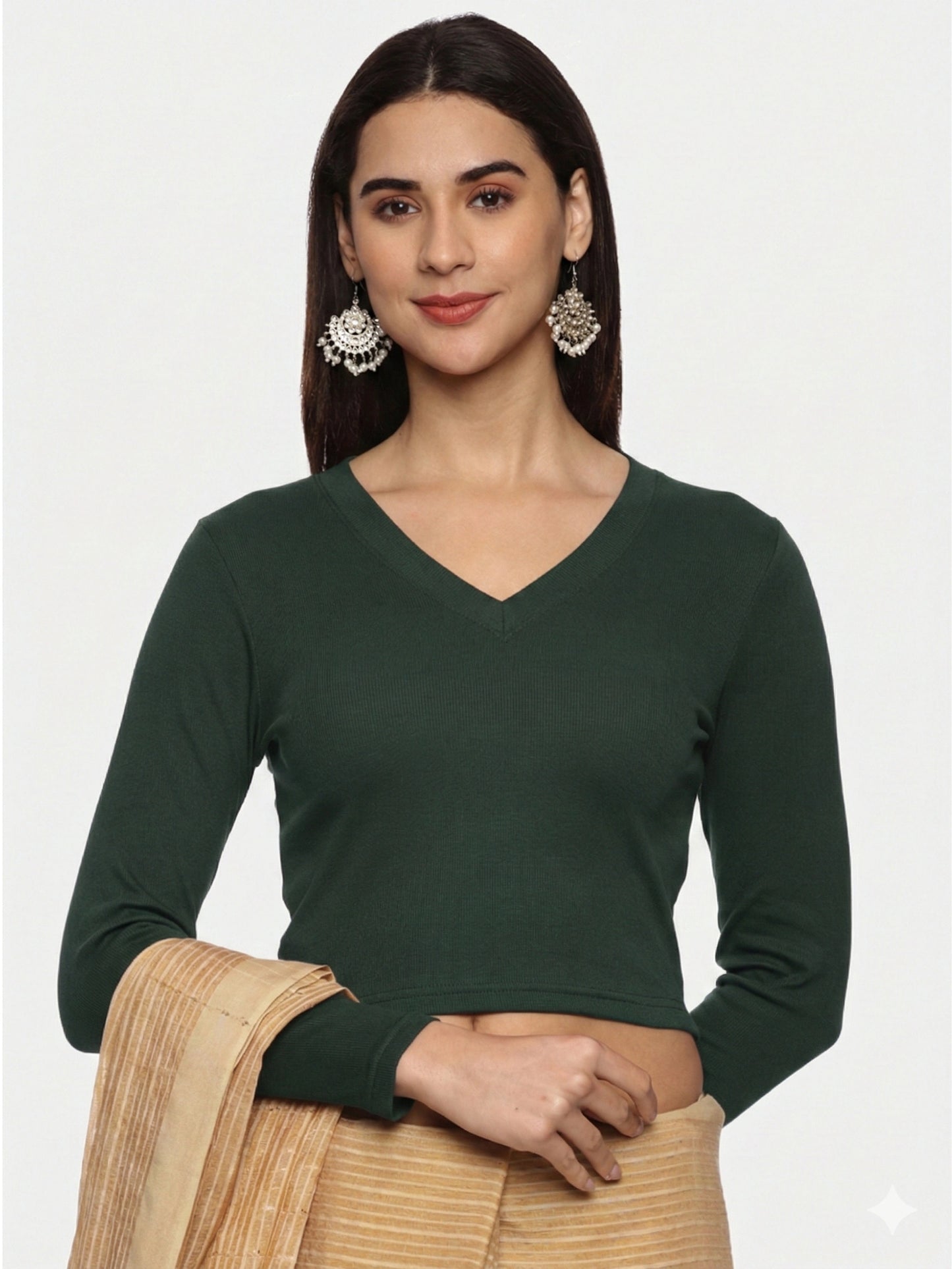 Women Plain Stretchable Full Sleeve V Neck RIB Blouse U0191 Khaki Green