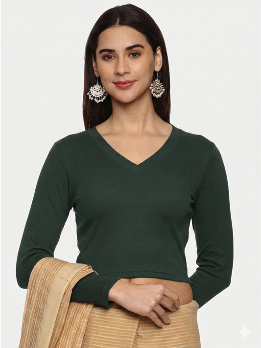 Women Plain Stretchable Full Sleeve V Neck RIB Blouse U0191 Khaki Green