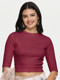Women Plain Stretchable Elbow Sleeve RIB Blouse U0121 Wine Pink