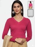 Women Plain Stretchable Full Sleeve V Neck RIB Blouse U0191  Rani Pink