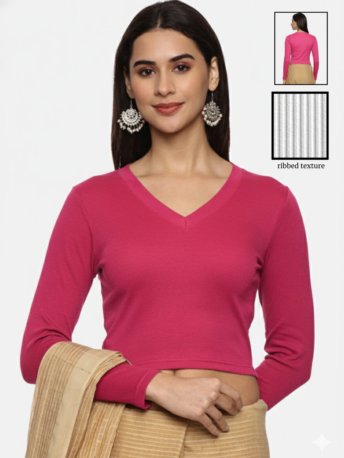 Women Plain Stretchable Full Sleeve V Neck RIB Blouse U0191  Rani Pink