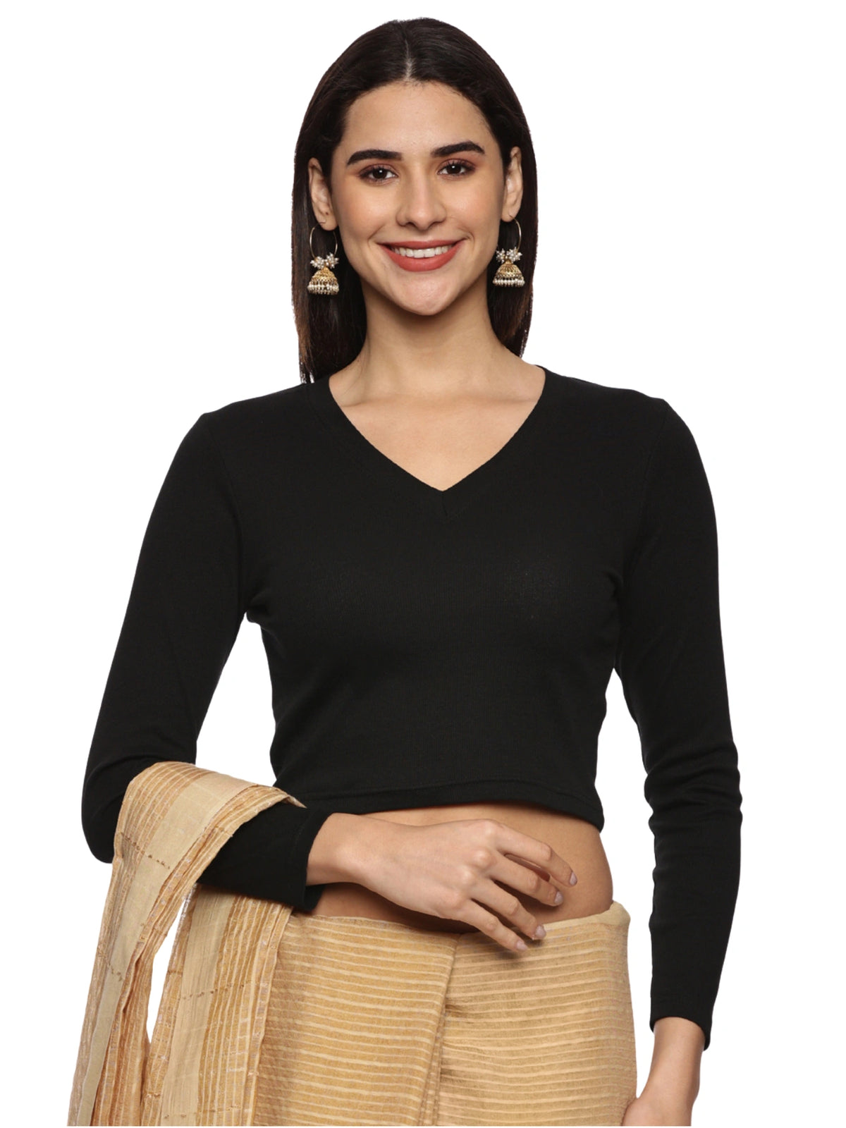 DIY Embroidery Kit with Women Stretchable Three Fourth Sleeve Blouse E014 – Black