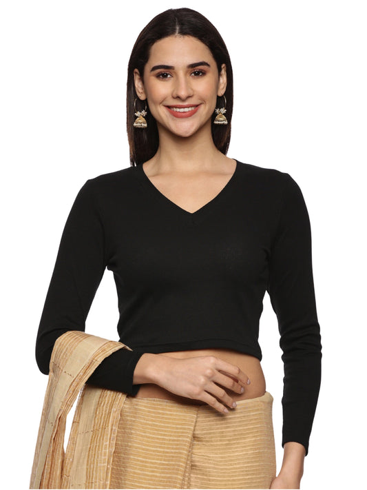 Women Plain Stretchable Full Sleeve V Neck RIB Blouse U0191 Black