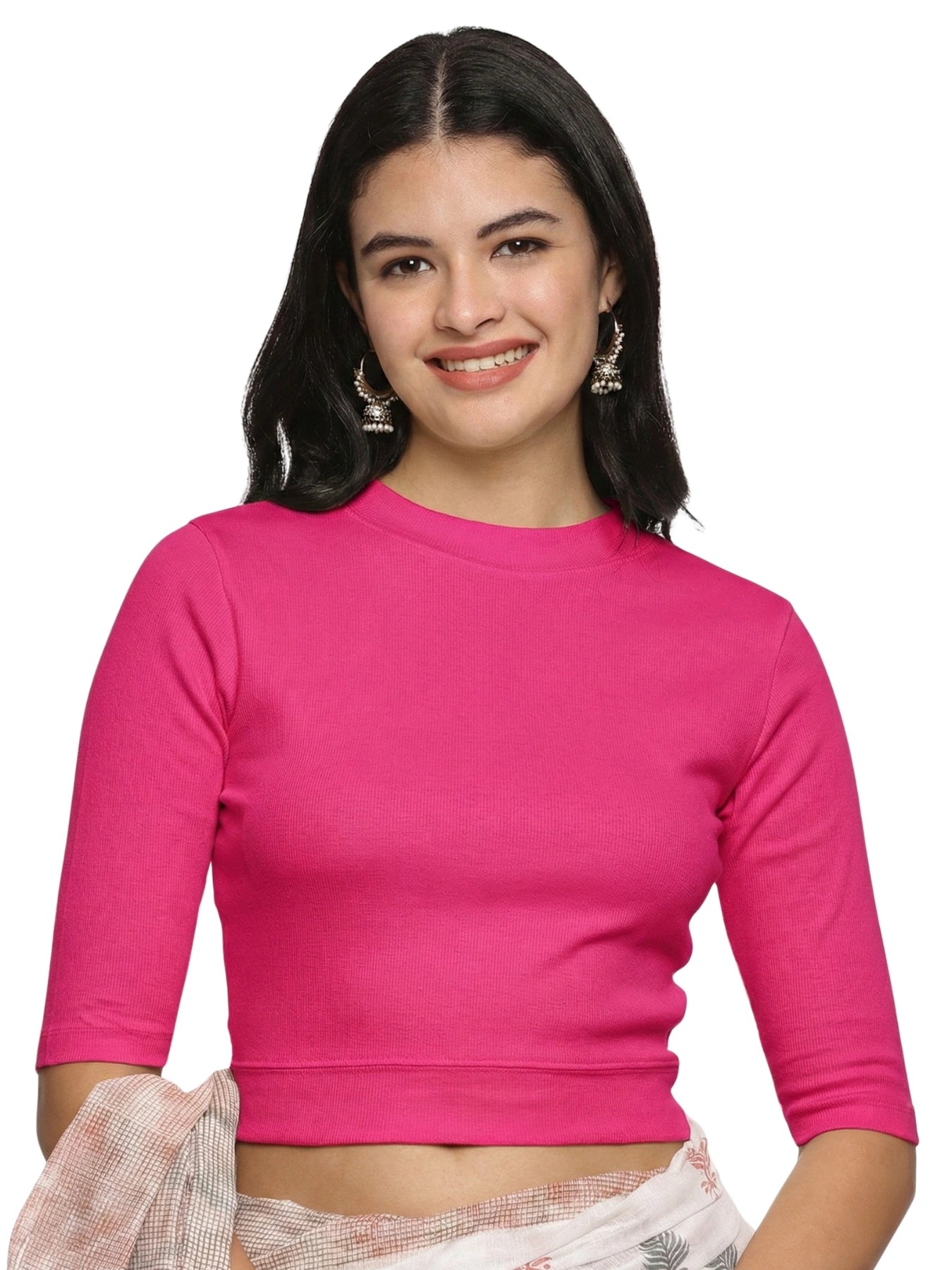 Women Plain Stretchable Elbow Sleeve RIB Blouse U0121 Rani Pink