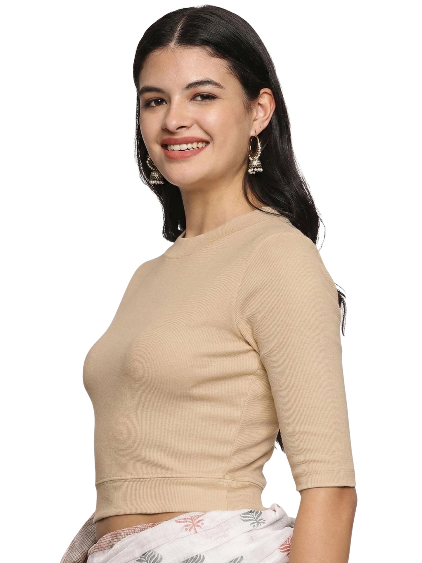 Women Back Printed Stretchable Elbow Sleeve RIB Blouse U0221 Chikoo