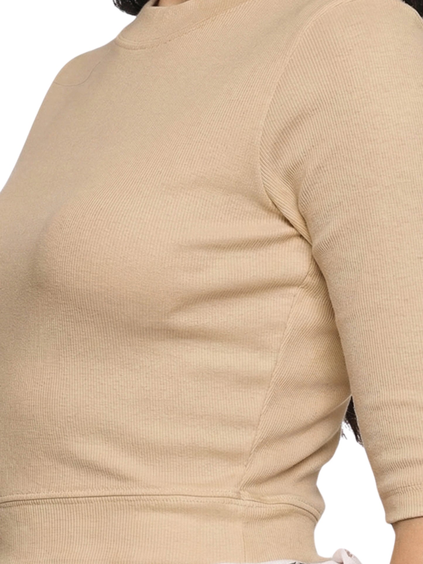 Women Plain Stretchable Elbow Sleeve RIB Blouse U0121 Chikoo