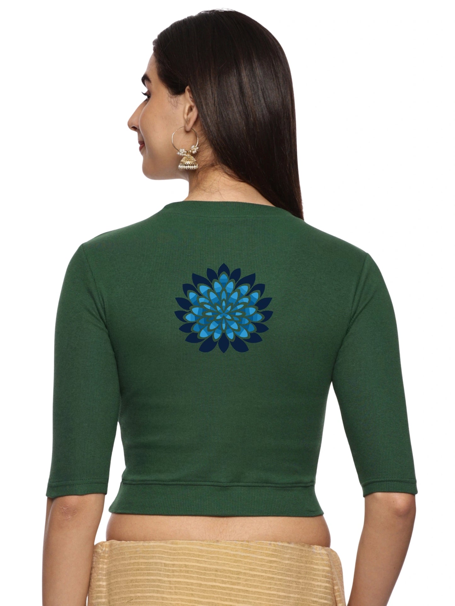 Women Back Printed Stretchable Elbow Sleeve RIB Blouse U0169 Bottle Green