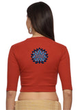 Women Back Printed Stretchable Elbow Sleeve RIB Blouse U0169 Rust