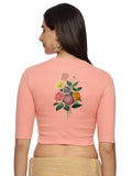 Women Back Printed Stretchable Elbow Sleeve RIB Blouse U0171 Peach