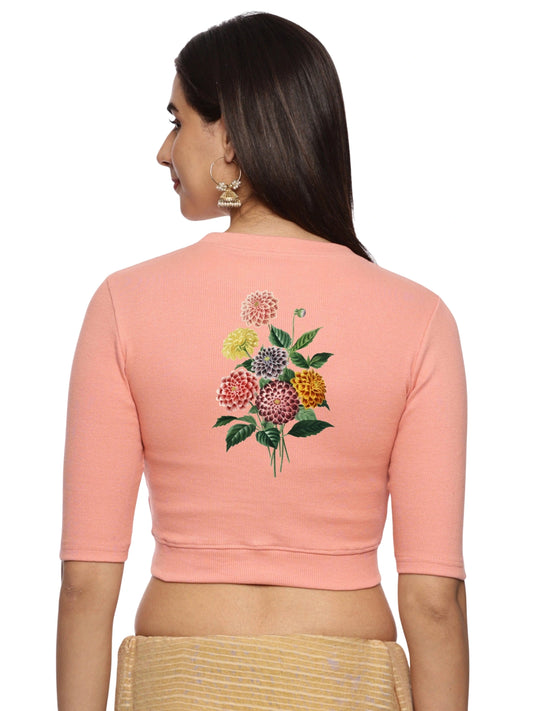 Women Back Printed Stretchable Elbow Sleeve RIB Blouse U0171 Peach