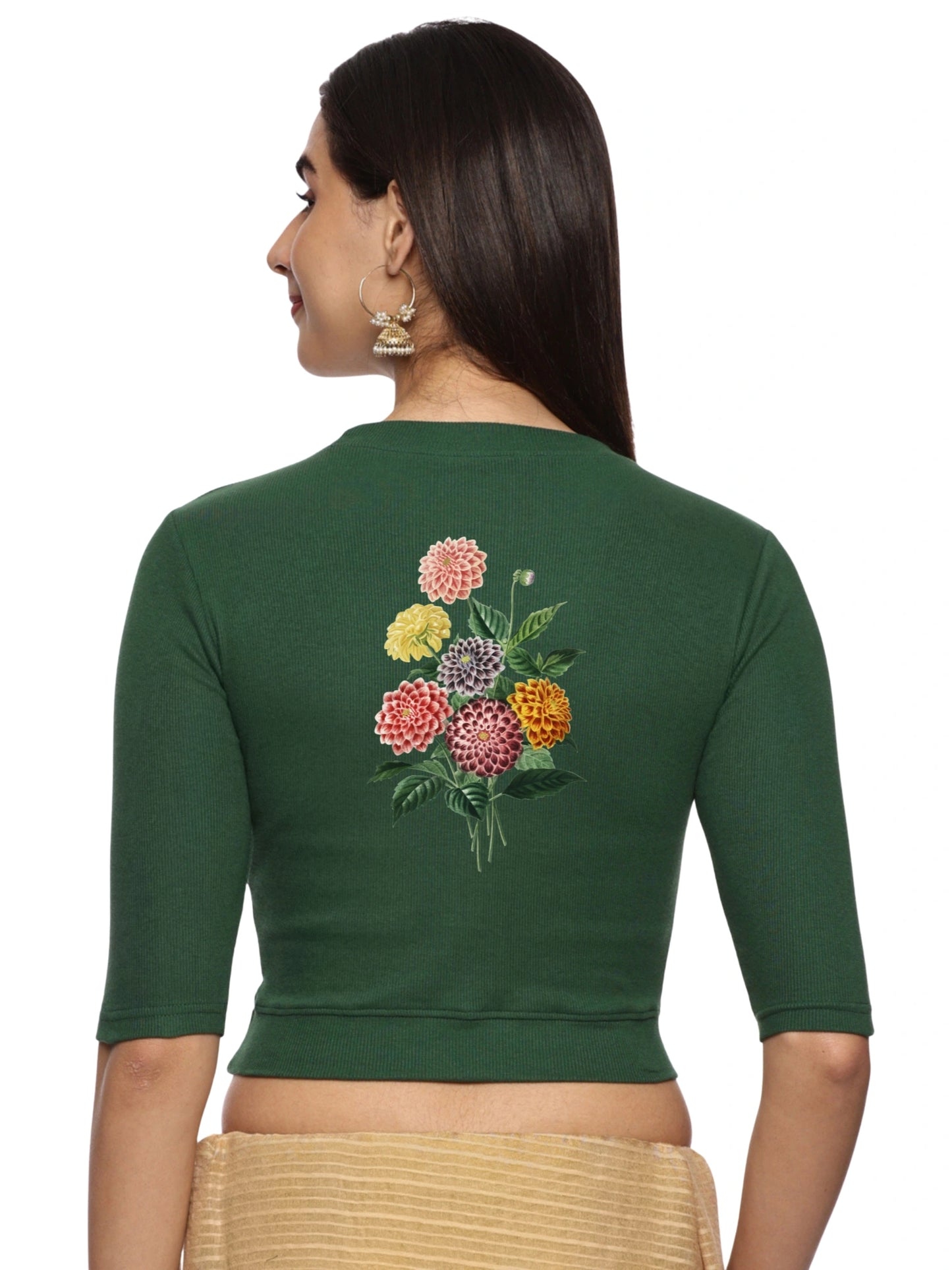 Women Back Printed Stretchable Elbow Sleeve RIB Blouse U0171 Bottle Green