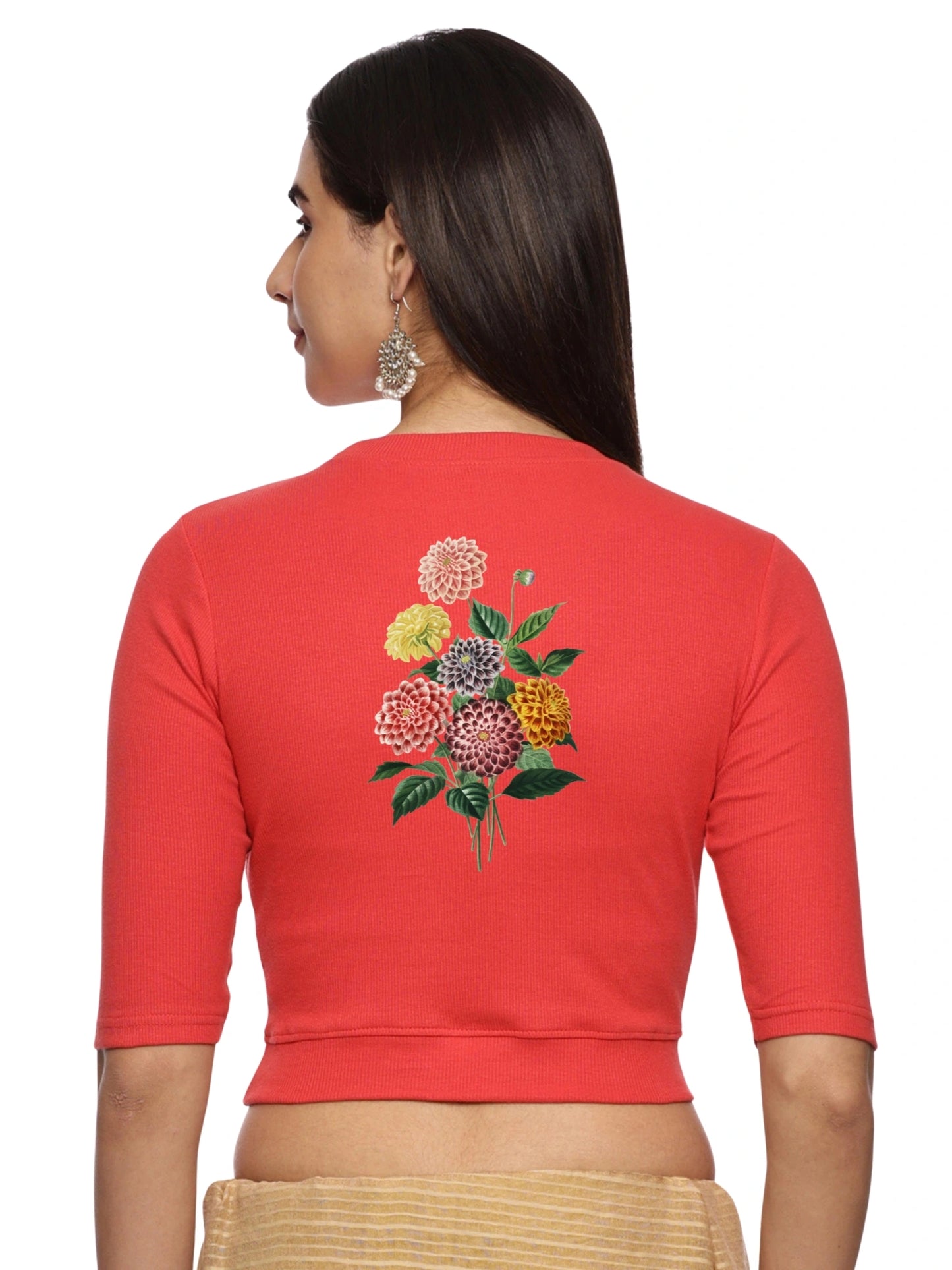 Women Back Printed Stretchable Elbow Sleeve RIB Blouse U0171 Coral