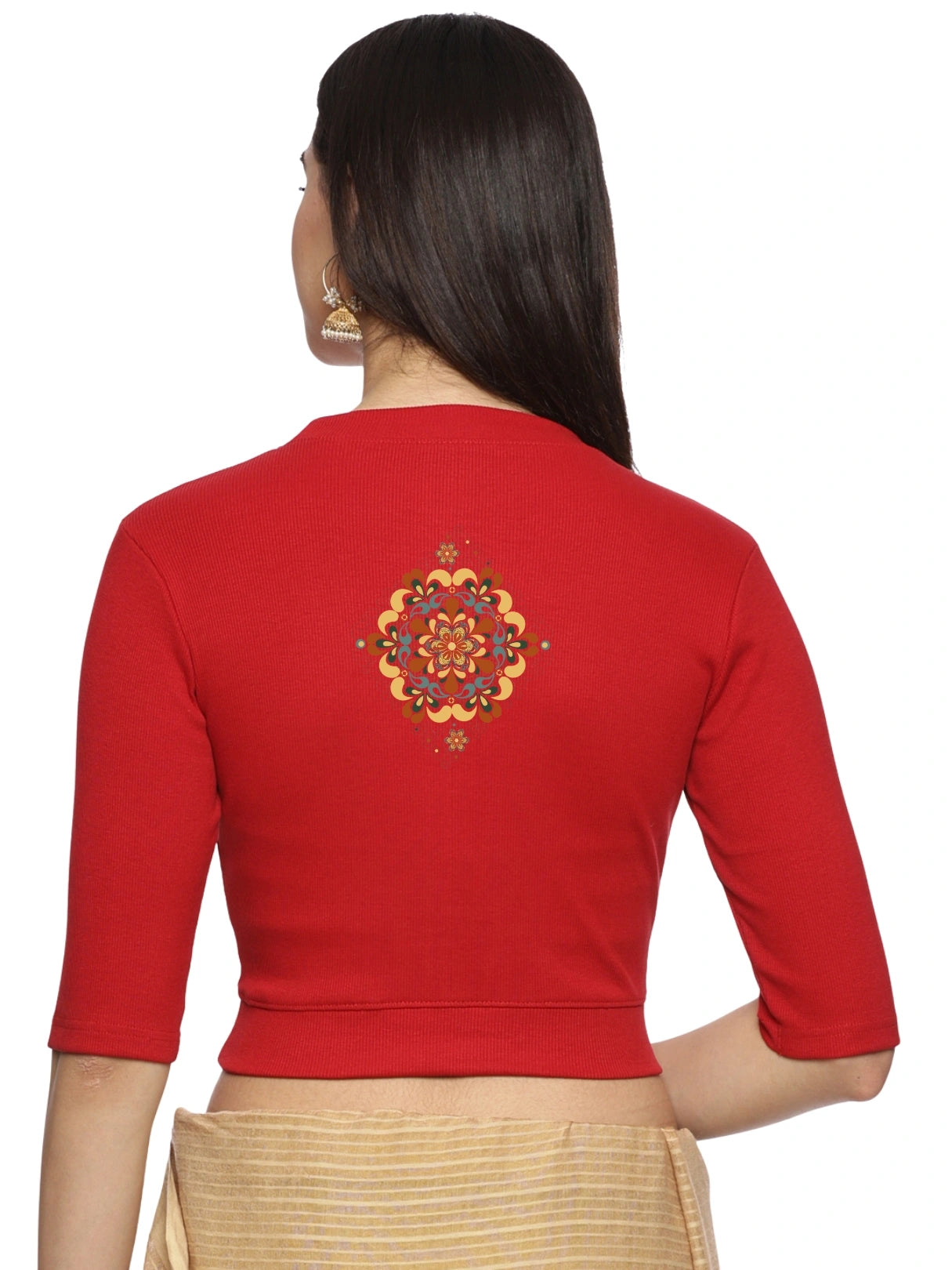 Women Back Printed Stretchable Elbow Sleeve RIB Blouse U0167