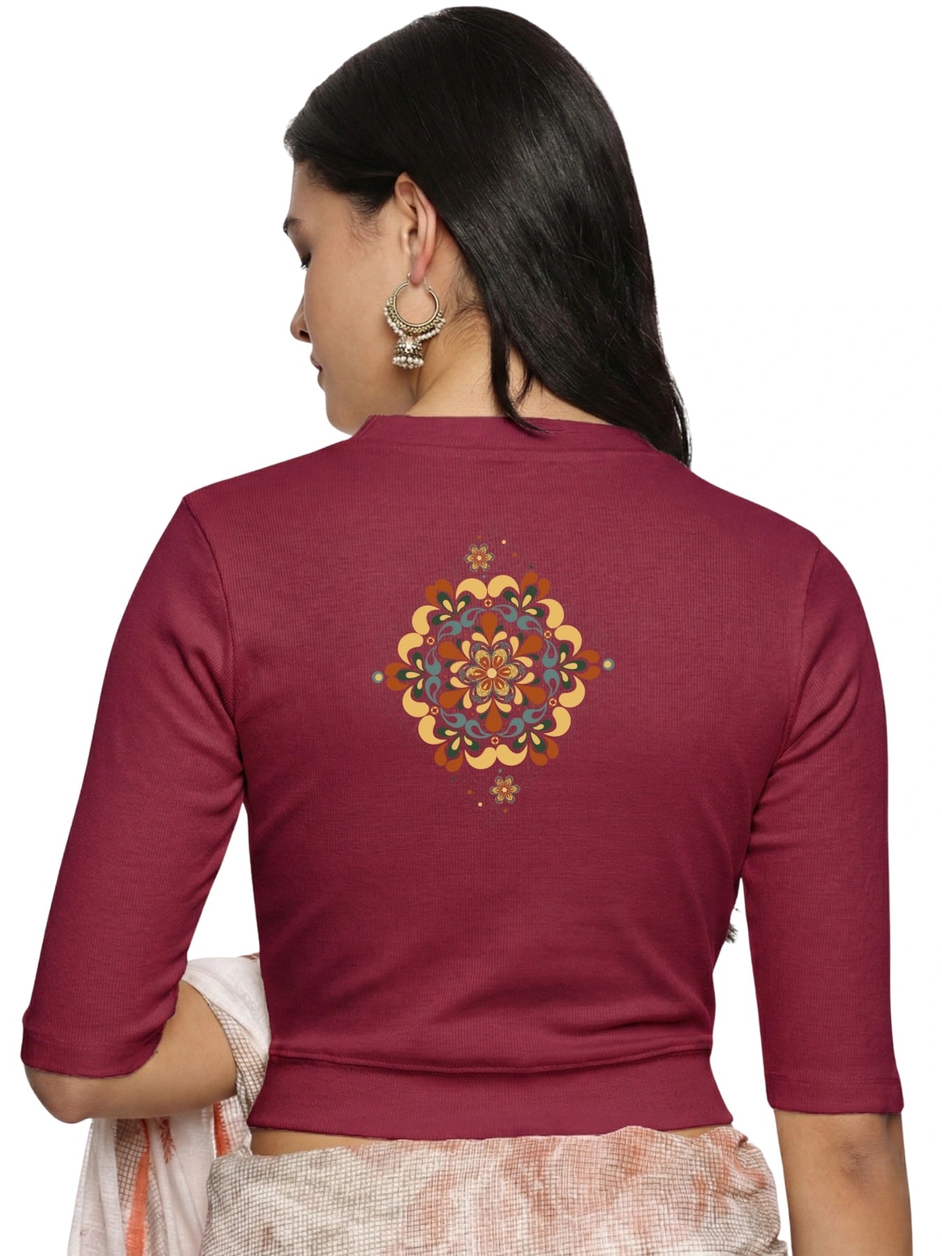 Women Back Printed Stretchable Elbow Sleeve RIB Blouse U0167 Wine Pink