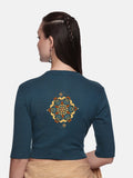Women Back Printed Stretchable Elbow Sleeve RIB Blouse U0167 Teal Green