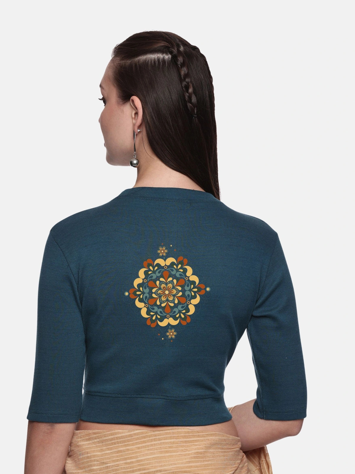 Women Back Printed Stretchable Elbow Sleeve RIB Blouse U0167 Teal Green